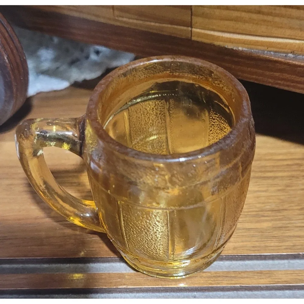 Vintage Amber Glass Barrel Miniature Mug Shot Glass Toothpick Holder Whiskey